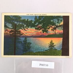 Lake Tahoe Gem of the Sierras 1930s Linen Postcard California CA PC Sunset